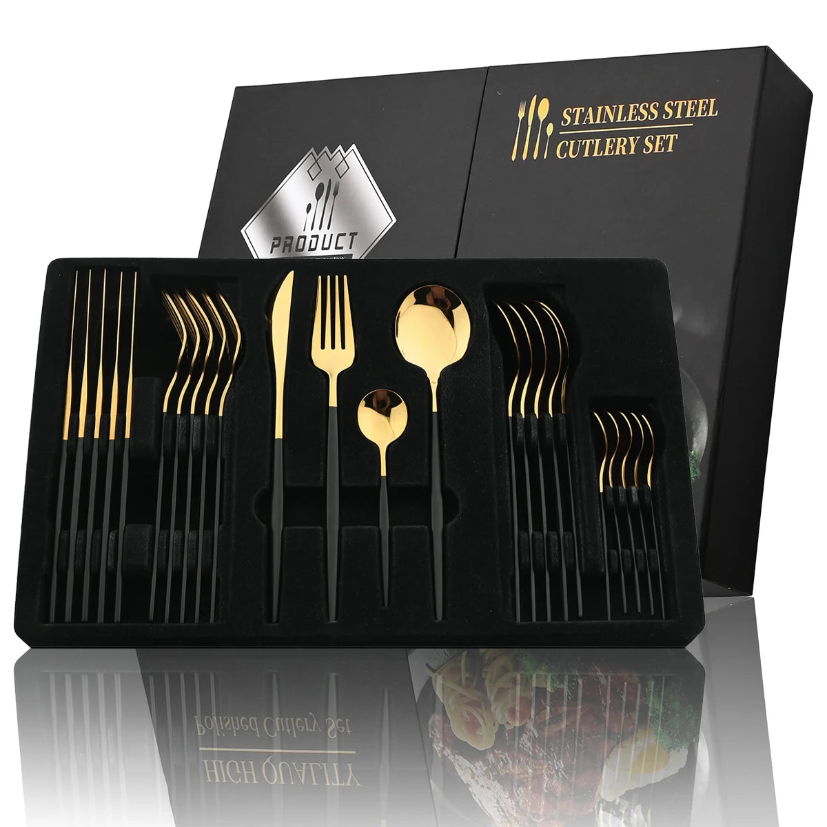 24Pcs Black Handle Golden Cutlery Set Stainless