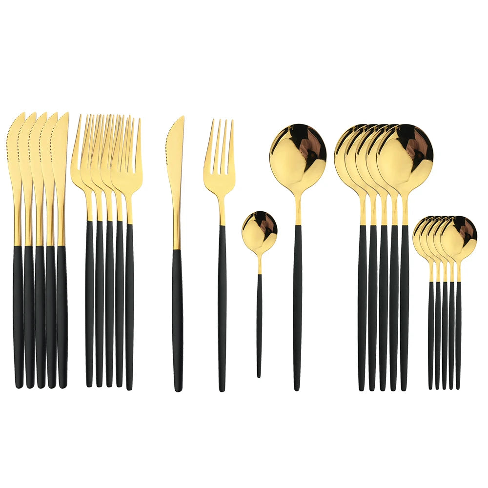 24Pcs Black Handle Golden Cutlery Set Stainless