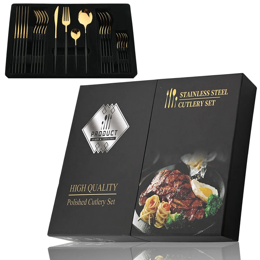 24Pcs Black Handle Golden Cutlery Set Stainless