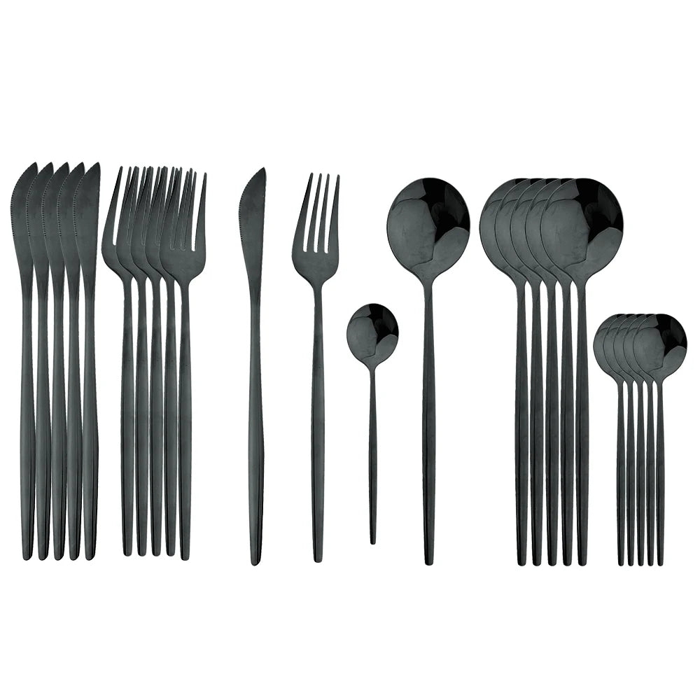 24Pcs Black Handle Golden Cutlery Set Stainless