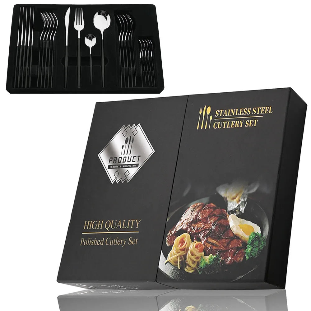 24Pcs Black Handle Golden Cutlery Set Stainless