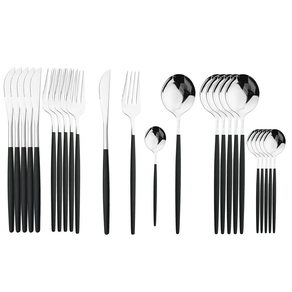 24Pcs Black Handle Golden Cutlery Set Stainless